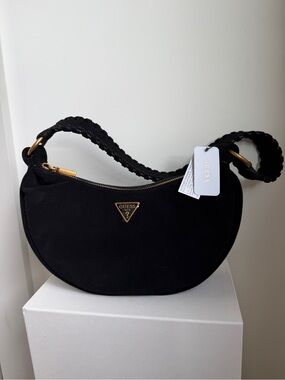 Guess Black Crescent Hobo Shoulder Bag with Braided Strap